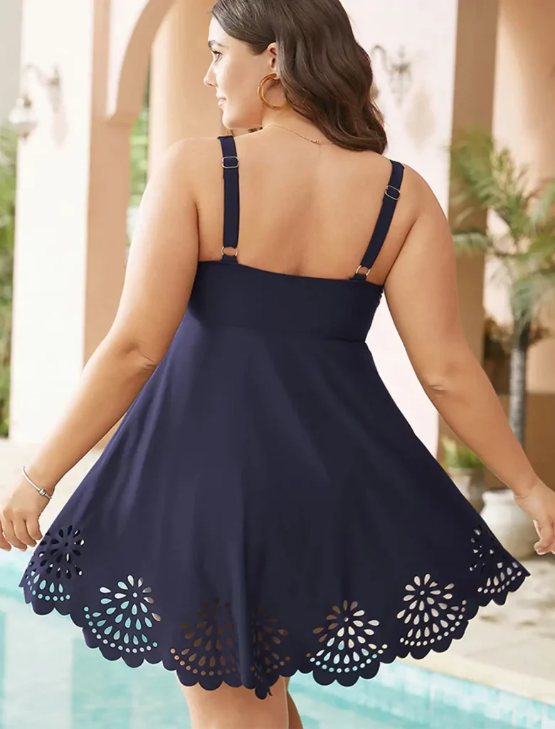 Laser Cut Ruched Drawstring A Line Swim Dress - Image 3