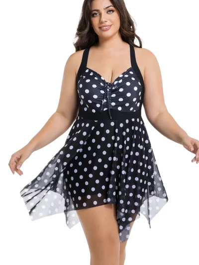 Polka Dot Ruched Ties Hanky Hem Crisscross Swim Dress