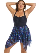 Patchwork Ruched Knot Asymmetrical Hem Swim Dress