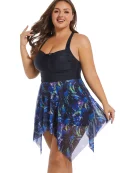 Patchwork Ruched Knot Asymmetrical Hem Swim Dress