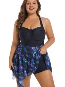 Patchwork Ruched Knot Asymmetrical Hem Swim Dress