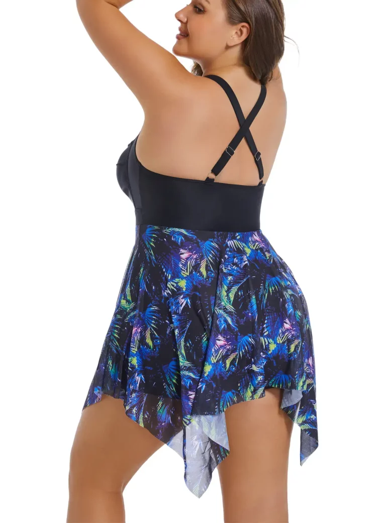 Patchwork Ruched Knot Asymmetrical Hem Swim Dress - Image 2